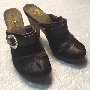 Very Volatile, Pony fur wooden heeled  platform clogs